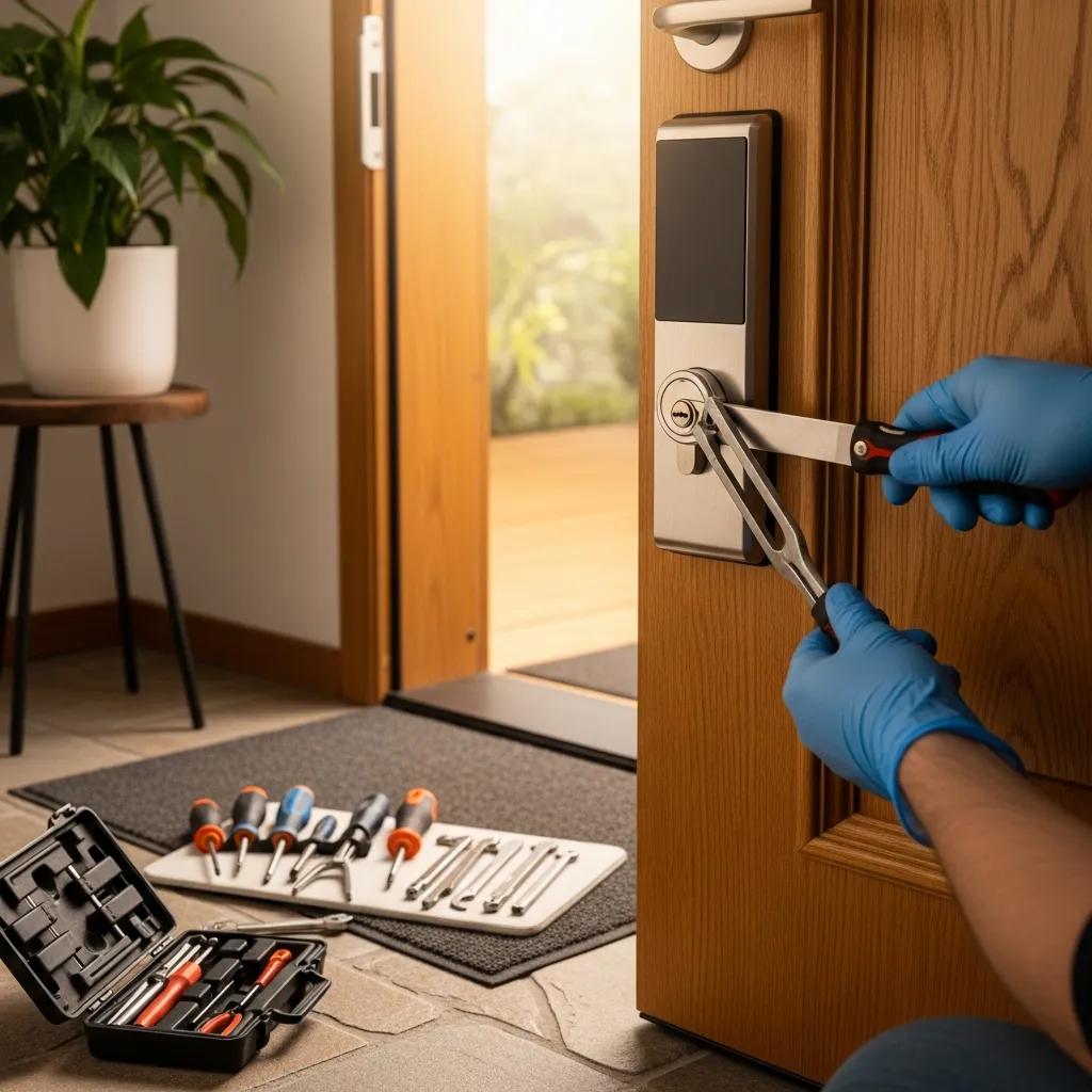 Close-up of a locksmith repairing a modern door lock at a home entrance, emphasizing security and professionalism