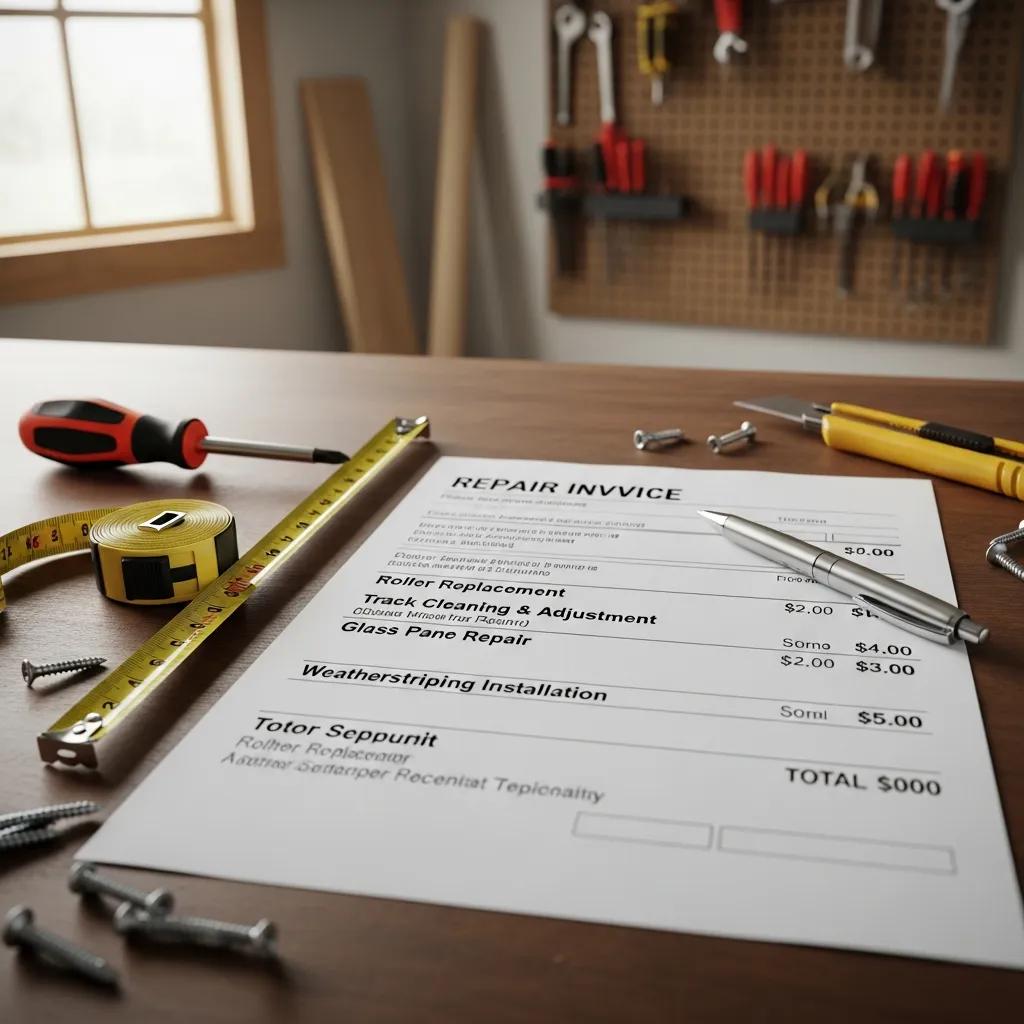 Close-up of a patio door repair invoice with tools in a home repair setting