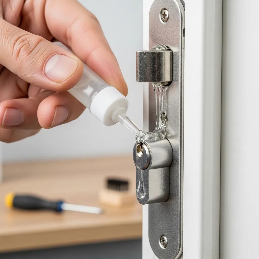 Close-up of hand applying lubricant to a UPVC door lock, highlighting maintenance importance
