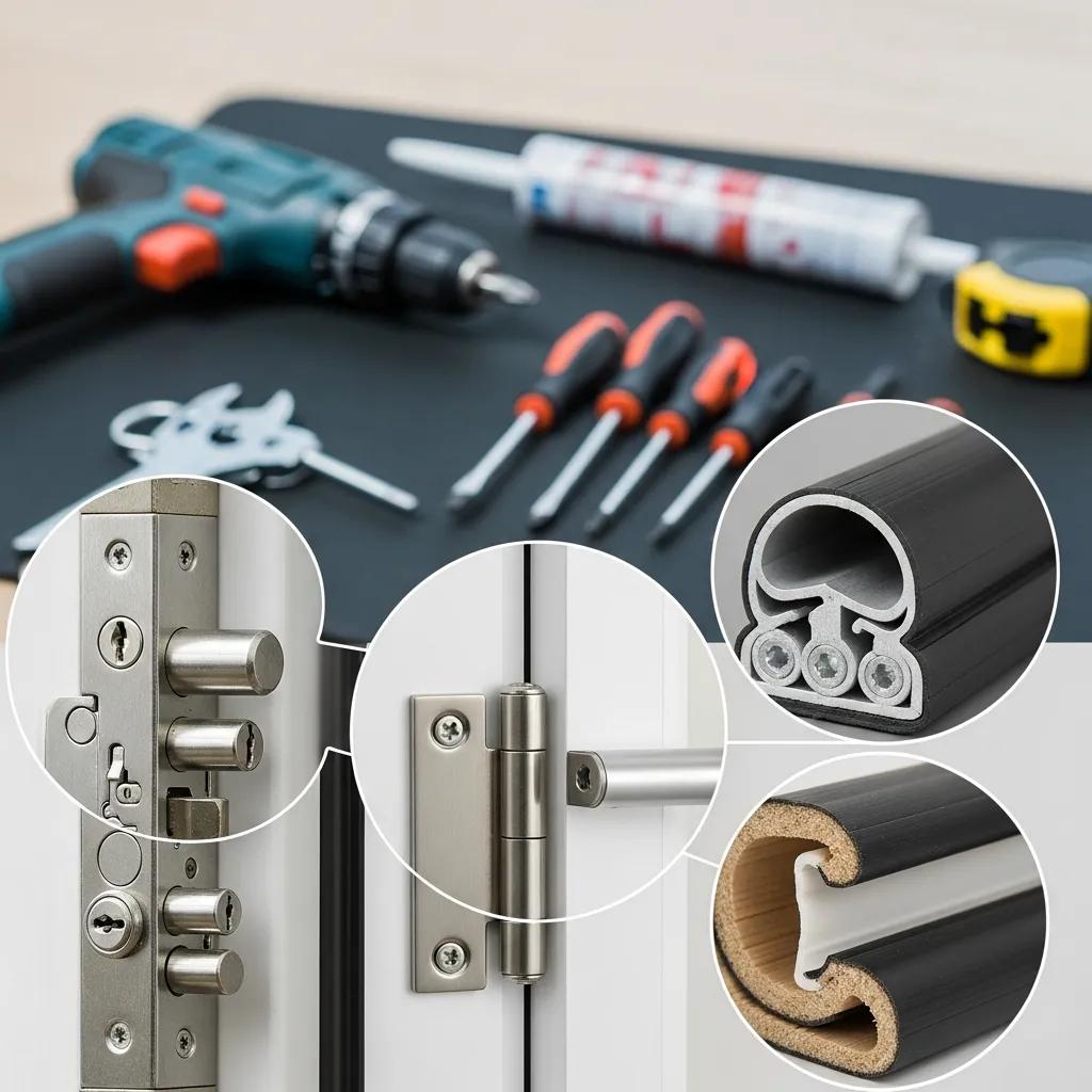 Close-up of UPVC door repair services including locks and hinges, showcasing quality and professionalism