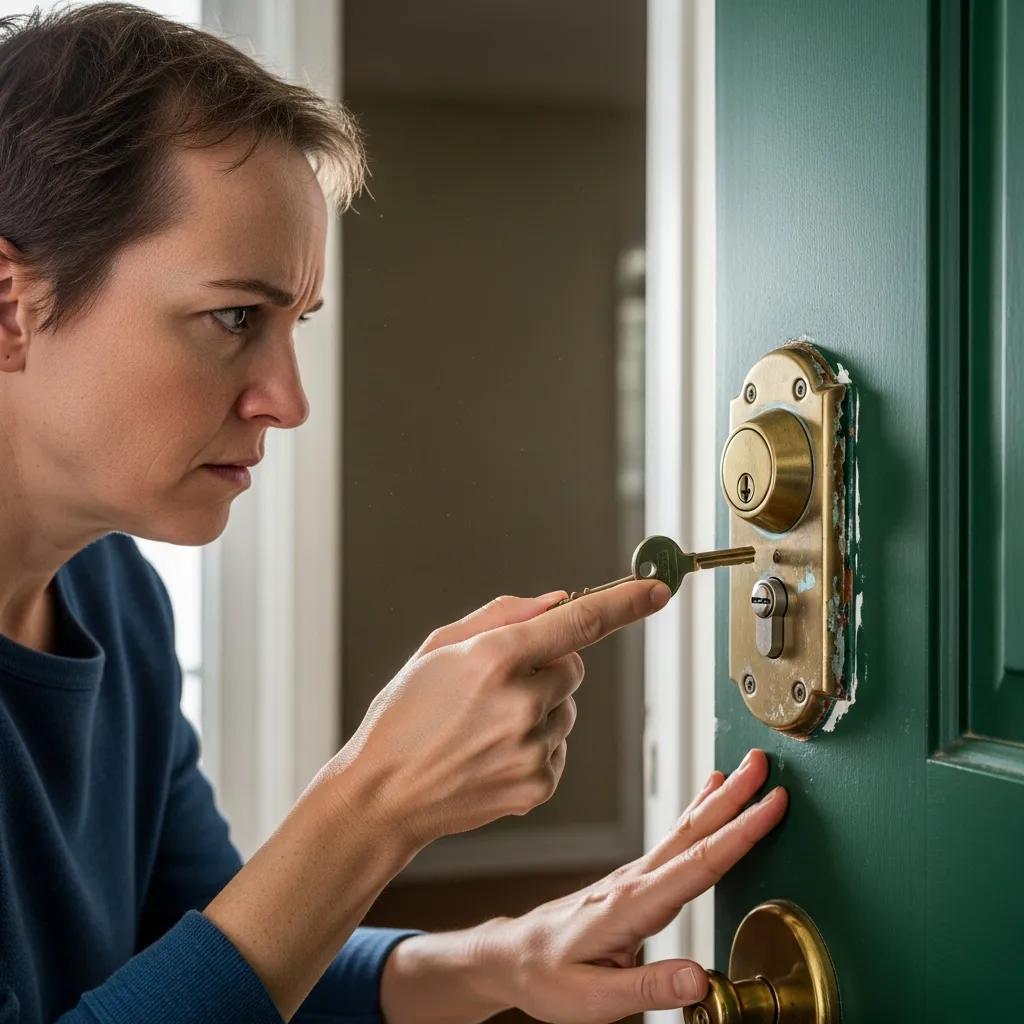 Homeowner inspecting a malfunctioning door lock for signs of wear