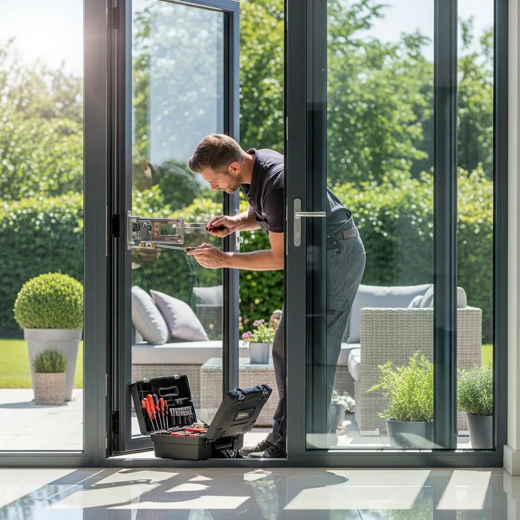 Patio door repair technician working on a modern door lock and glass