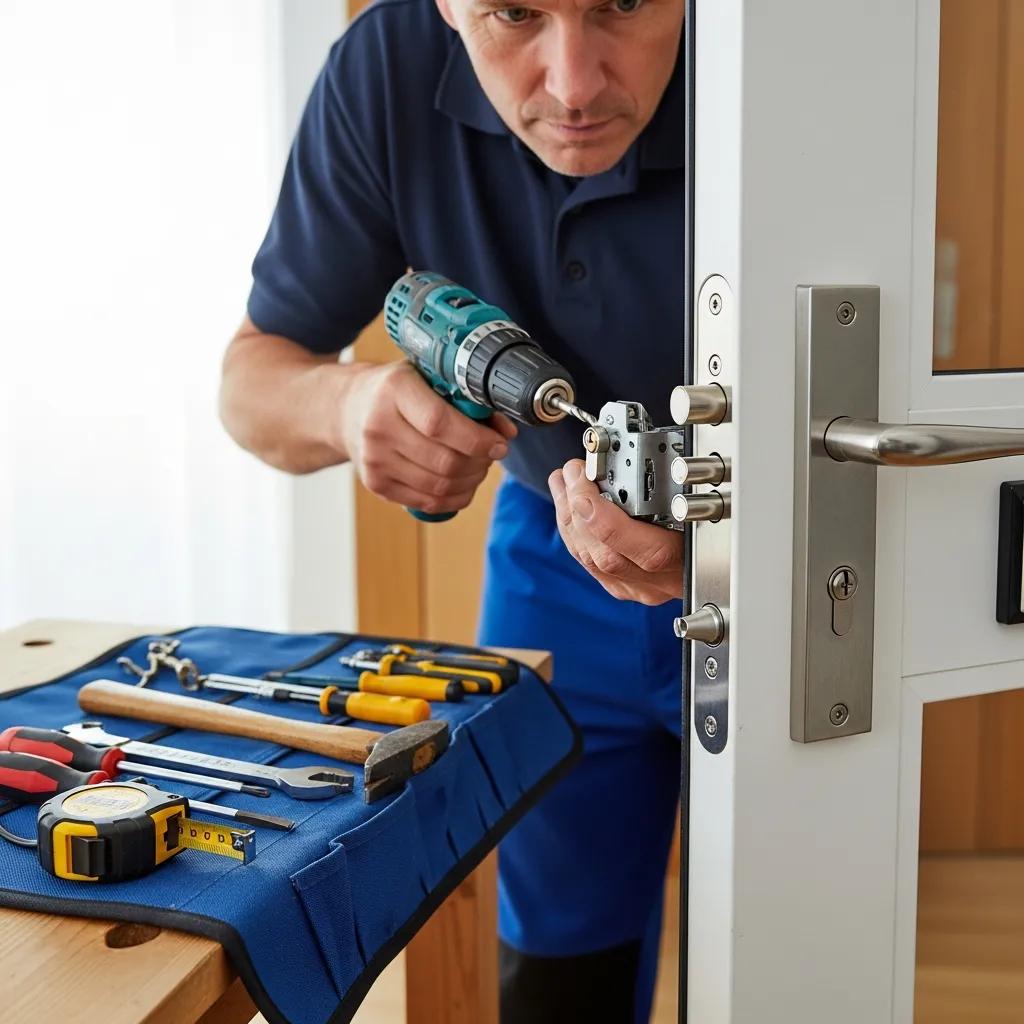 Person installing a high-security UPVC door lock, showcasing tools and attention to detail