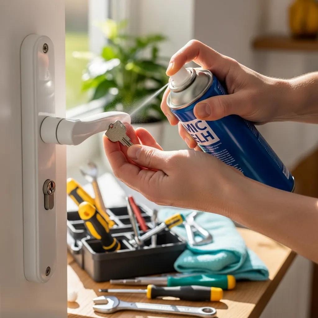 Person lubricating a UPVC door handle, emphasizing DIY maintenance in a bright home environment