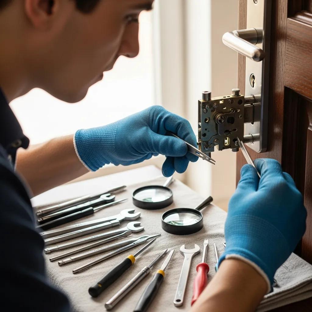 Professional locksmith repairing a door lock with tools