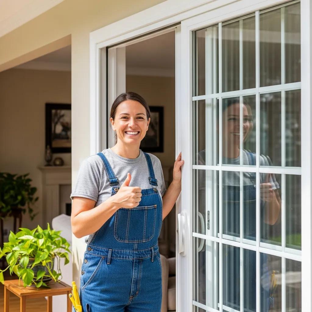 Satisfied homeowner next to a newly repaired patio door, reflecting quality service