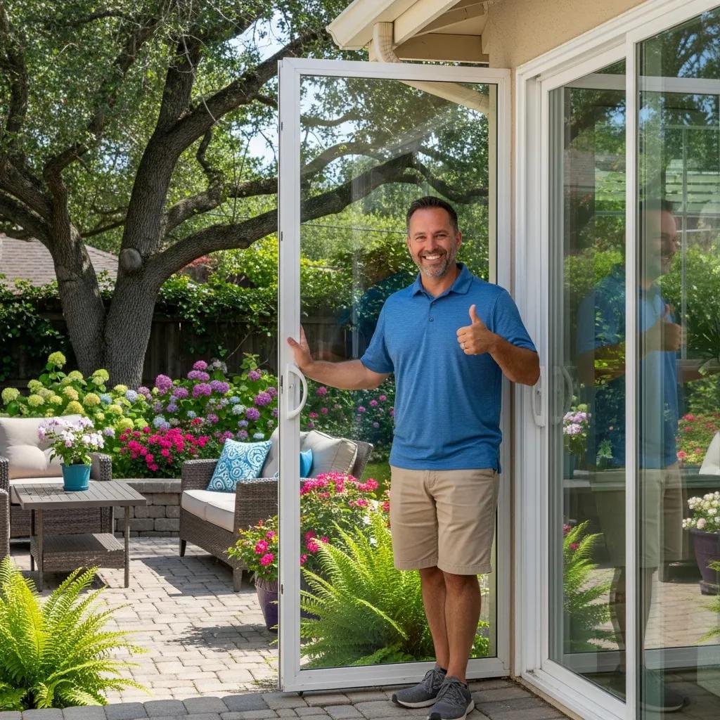 Satisfied homeowner next to a recently repaired patio door, showcasing happiness and satisfaction with the service