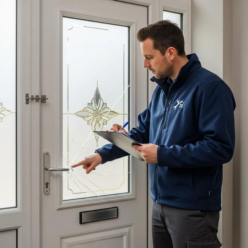 Technician inspecting a UPVC door for repair assessment