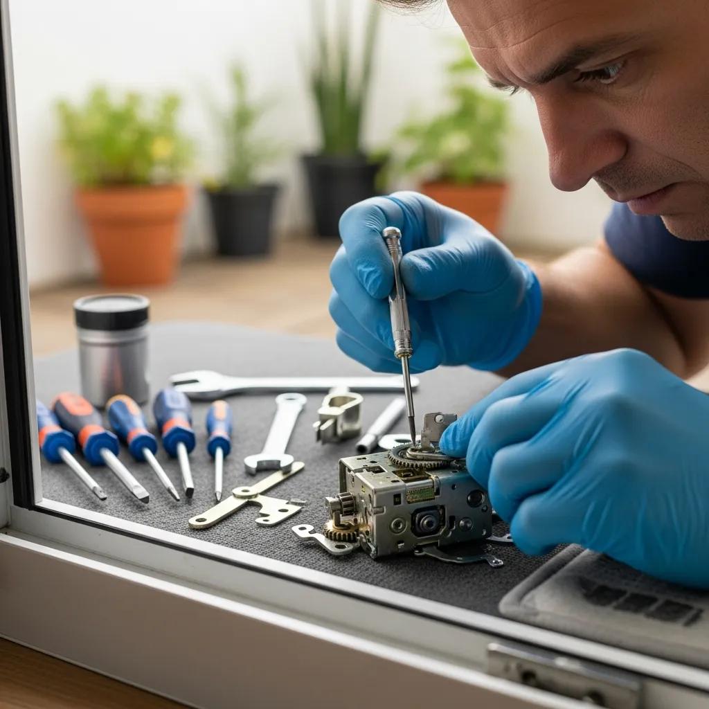 Technician repairing a patio door lock, emphasizing expertise and quality service