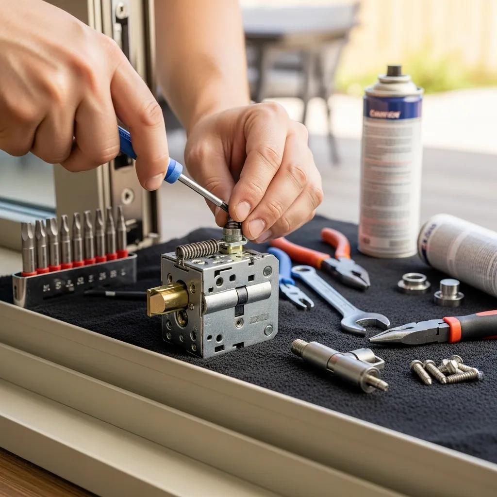 Technician repairing a patio door lock, highlighting precision and care in the repair process