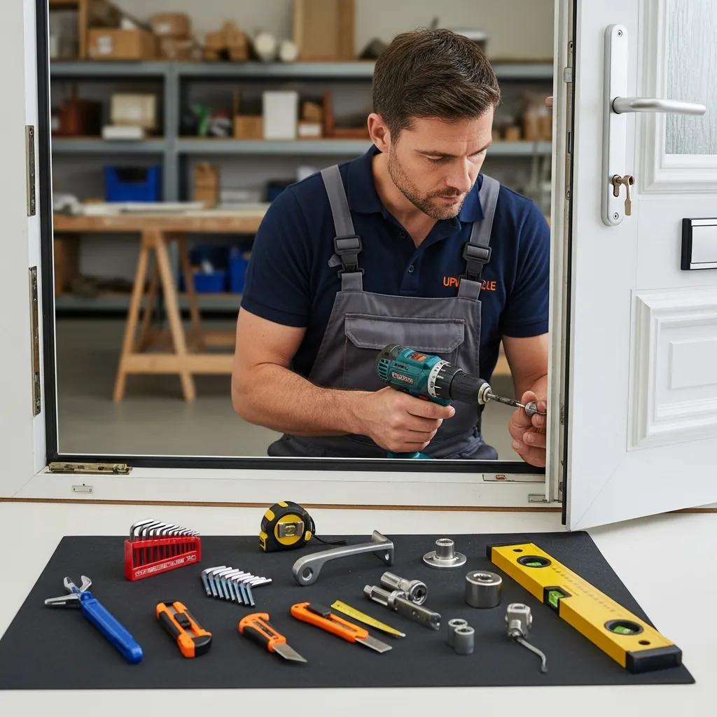 Technician repairing a UPVC door with tools, highlighting expertise in door repair services