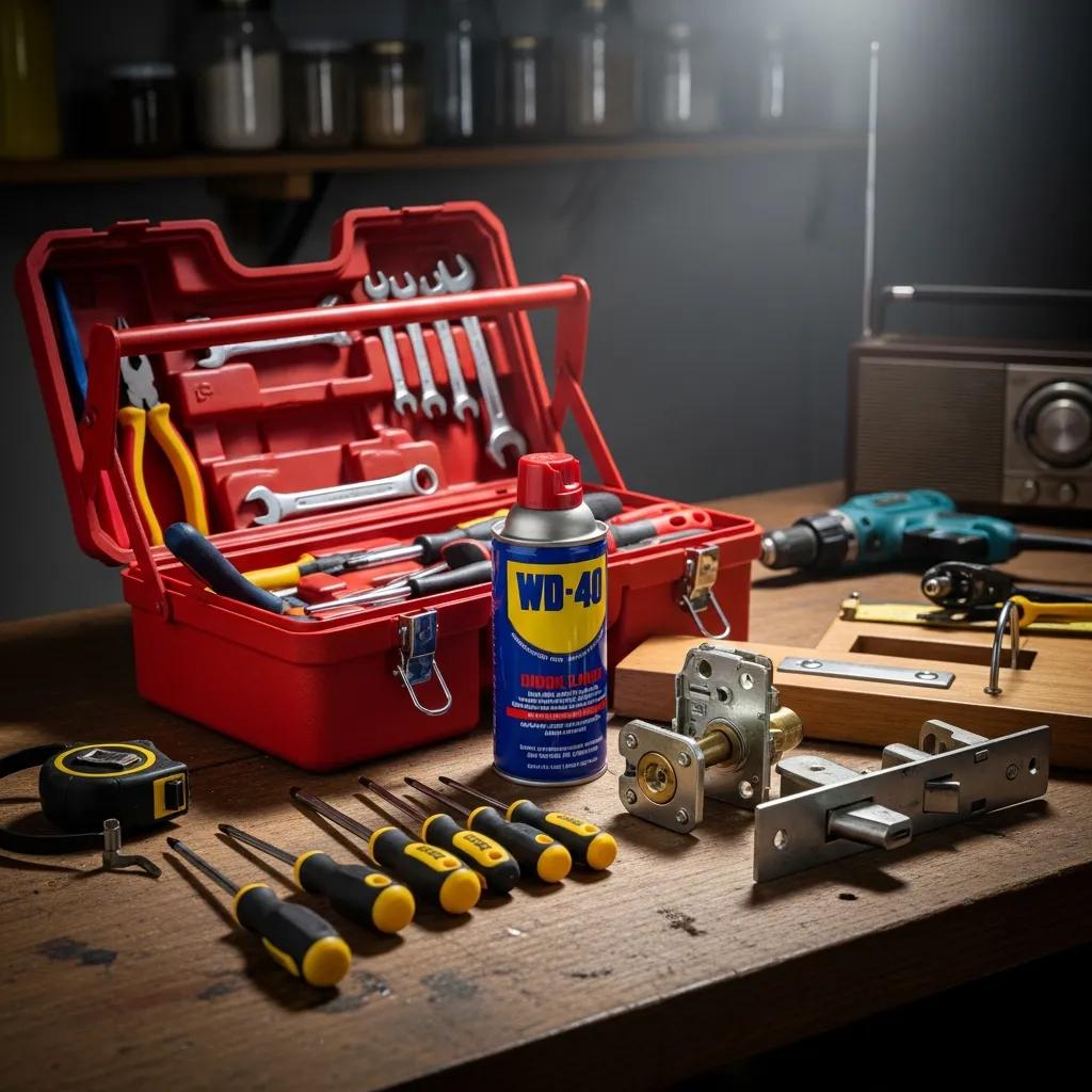 Toolbox with tools for door lock maintenance and repair