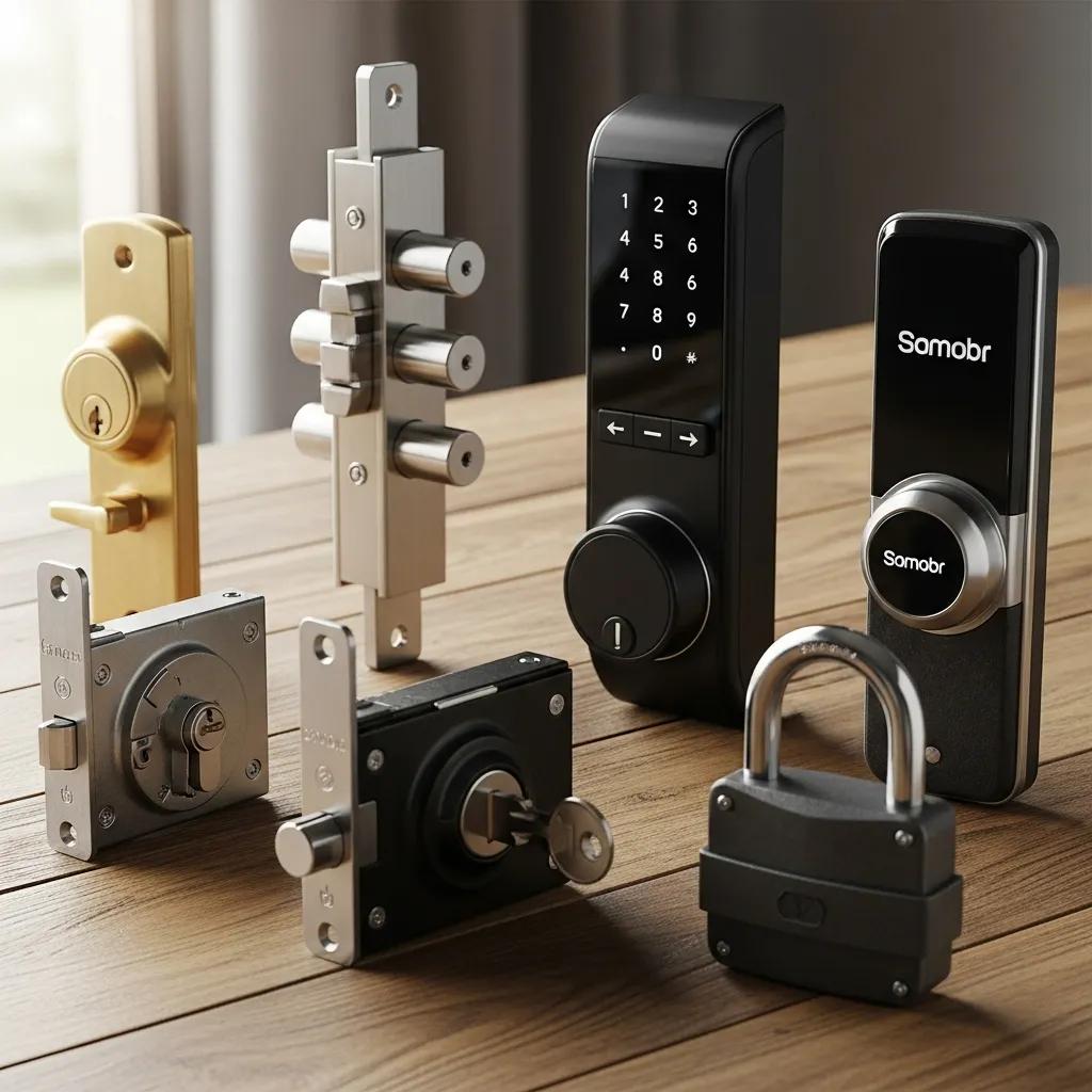 Variety of door locks including deadbolts, high-security, and electronic locks on a wooden table, showcasing differences in complexity