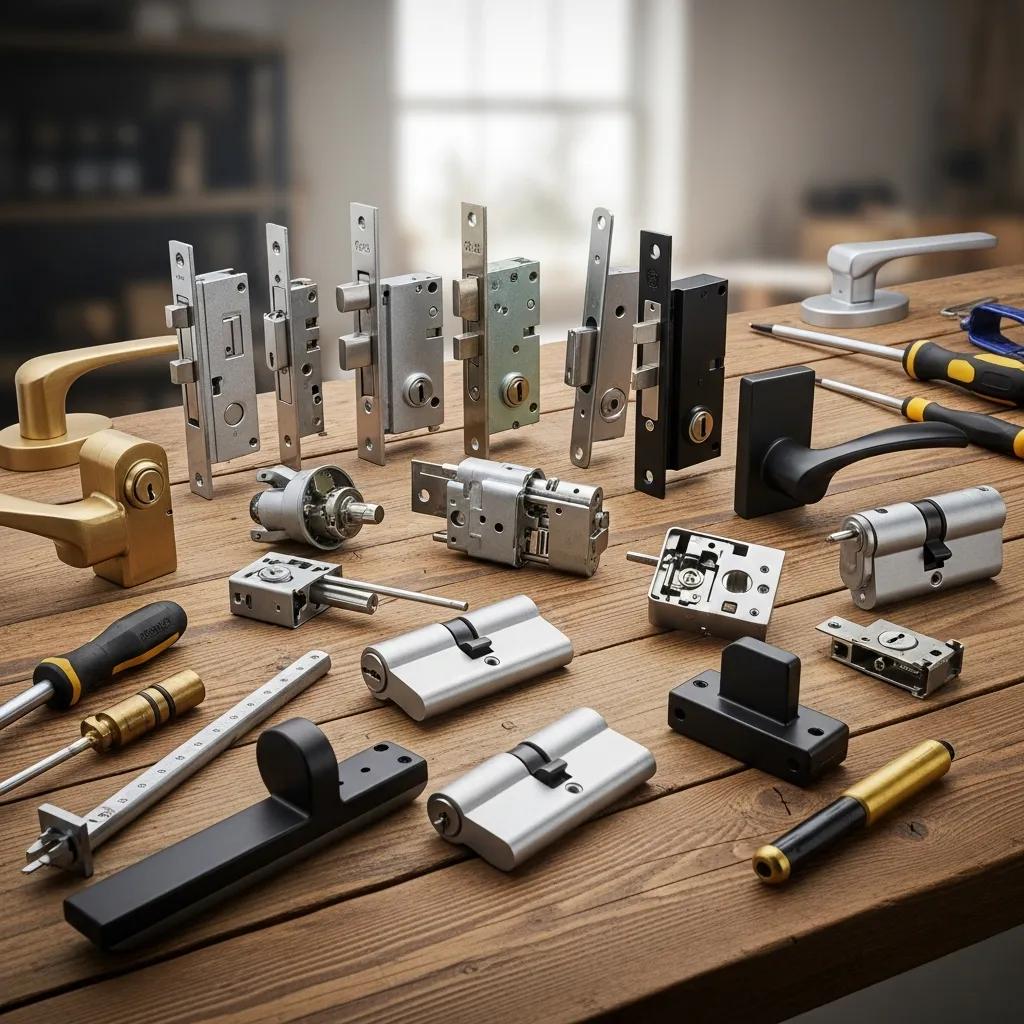 Variety of UPVC door locks displayed on a table, emphasizing security features and design