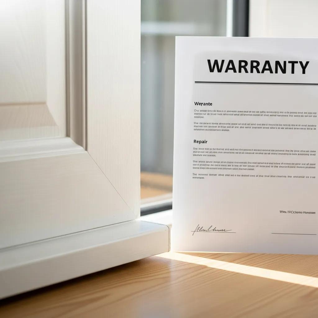 Warranty document next to a repaired UPVC door, symbolizing trust and quality assurance in repair services