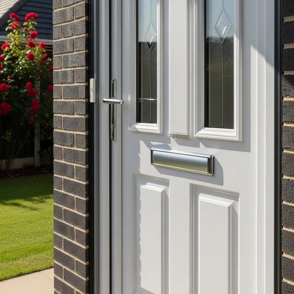 Well-maintained UPVC door with visible seals and weatherstripping in a clean outdoor setting